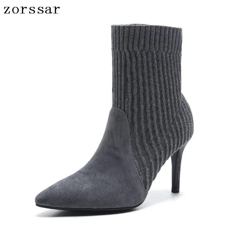 

{Zorssar} 2019 New Arrival Women Sock Boots Pointed Toe Elastic High Boots Slip On High Heel Ankle Boots Women Pumps botas mujer