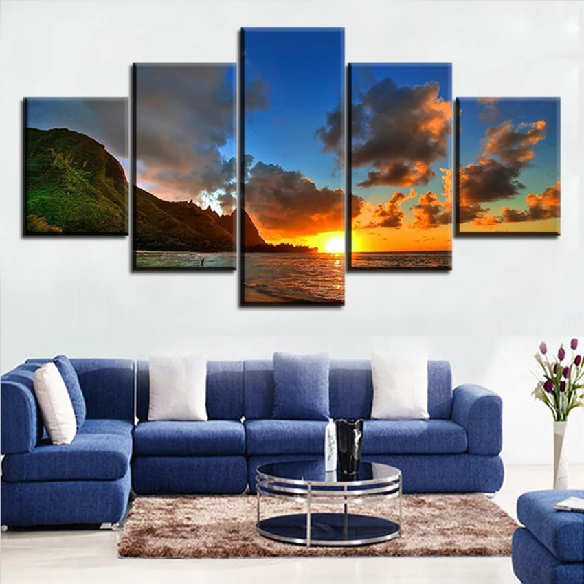 

5 Pieces/set Modern Printed blue Sunset Hawaii Canvas Prints Wall Art Modular Pictures For Living Room Decorations Artworks