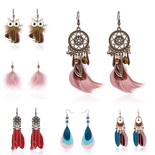 Étnico bohemio borla de plumas largas pendientes colgantes para las mujeres Vintage colorido búho hoja pluma gota pendientes Brincos joyería de la novia