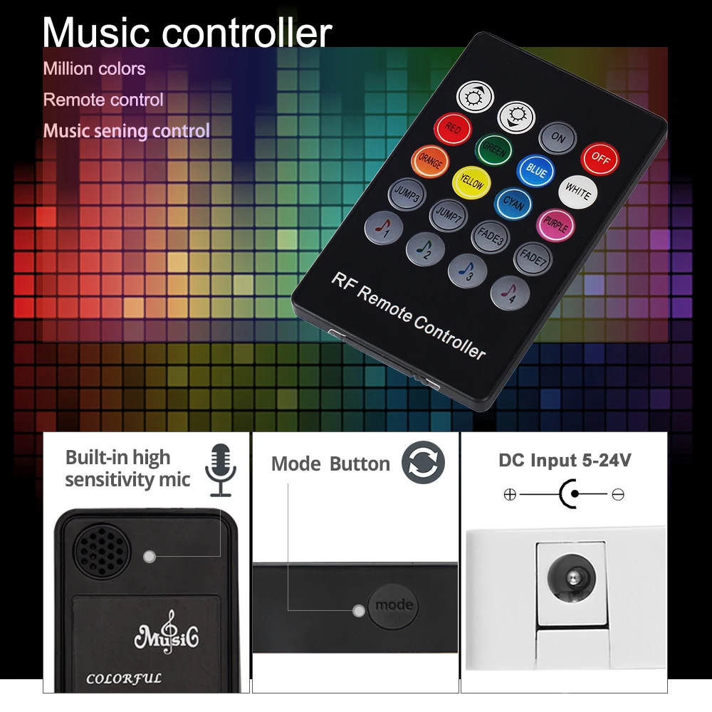 Светодиодная лента 5050 RGB с контроллером музыкального датчика 20Key дистанционный