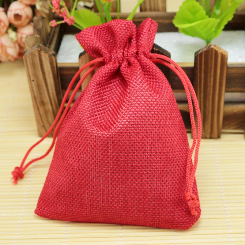 10x14cm 100pcs Lot Red Jute Bags Sacks Drawstring Gift Bag Party