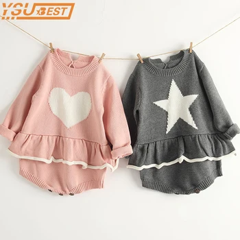 

Baby Boys Girl Romper Knitted Ruffles Infant Heart Printed Jumpsuit Long Sleeve Overalls Baby Rompers For Girls Toddler Clothes