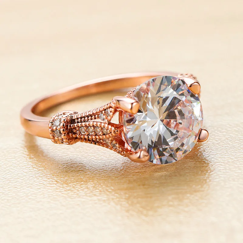 Роскошное модное женское кольцо-Пасьянс с круглым камнем, серебряное кольцо из розового золота, обещающее любовь, обручальное кольцо для женщин