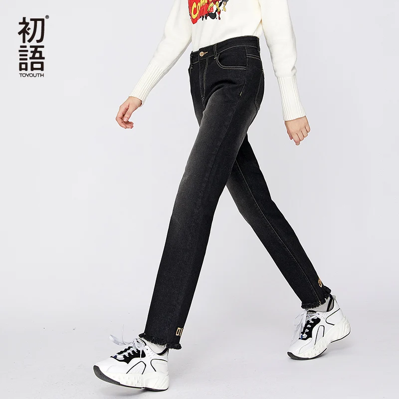 Toyouth буквы Джинсы с вышивкой Женщины прямые джинсовые Mujer Pantalones зимние черные