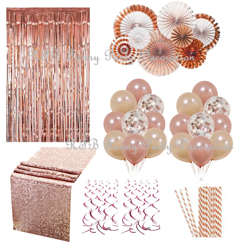 

Rose Gold Party Decorations Kit Party Confetti Balloons Paper Fan Set Table Runner For Party Supplies Wedding Events Accessories