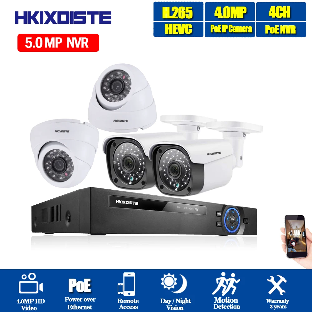 

4CH 5.0MP CCTV Camera System 4MP Security Camera System Video Surveillance Kit 2 Bullet Outdoor 2 Dome Indoor POE IP Camera Set