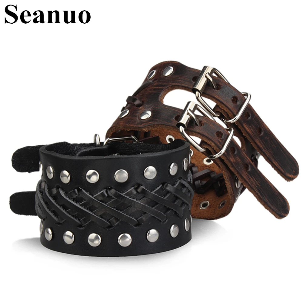 

Seanuo 27CM Double Belt Men Genuine Leather Bracelet Jewelry Fashion Steampunk Hiphop Male Cool Wristband Wrap Bracelet Pulseira