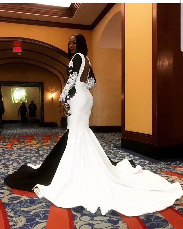 JaneVini African White and Black Long Sleeve Mermaid Evening Dresses Sexy V Neck Appliques Beaded Satin Black Girls Party Gowns