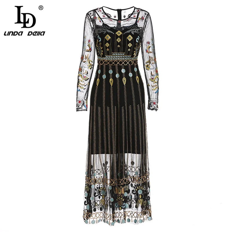 LD LINDA Делла, весеннее модное подиумное Ретро этническое ТРАПЕЦИЕВИДНОЕ ПЛАТЬЕ, женское кружевное Сетчатое платье с вышивкой и длинным рукавом, винтажное Длинное Платье Макси