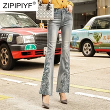 Винтаж джинсы для Для женщин Высокая талия джинсы Bodycon Flare женские брюки мыть эластичные модные джинсы с вышивкой K420