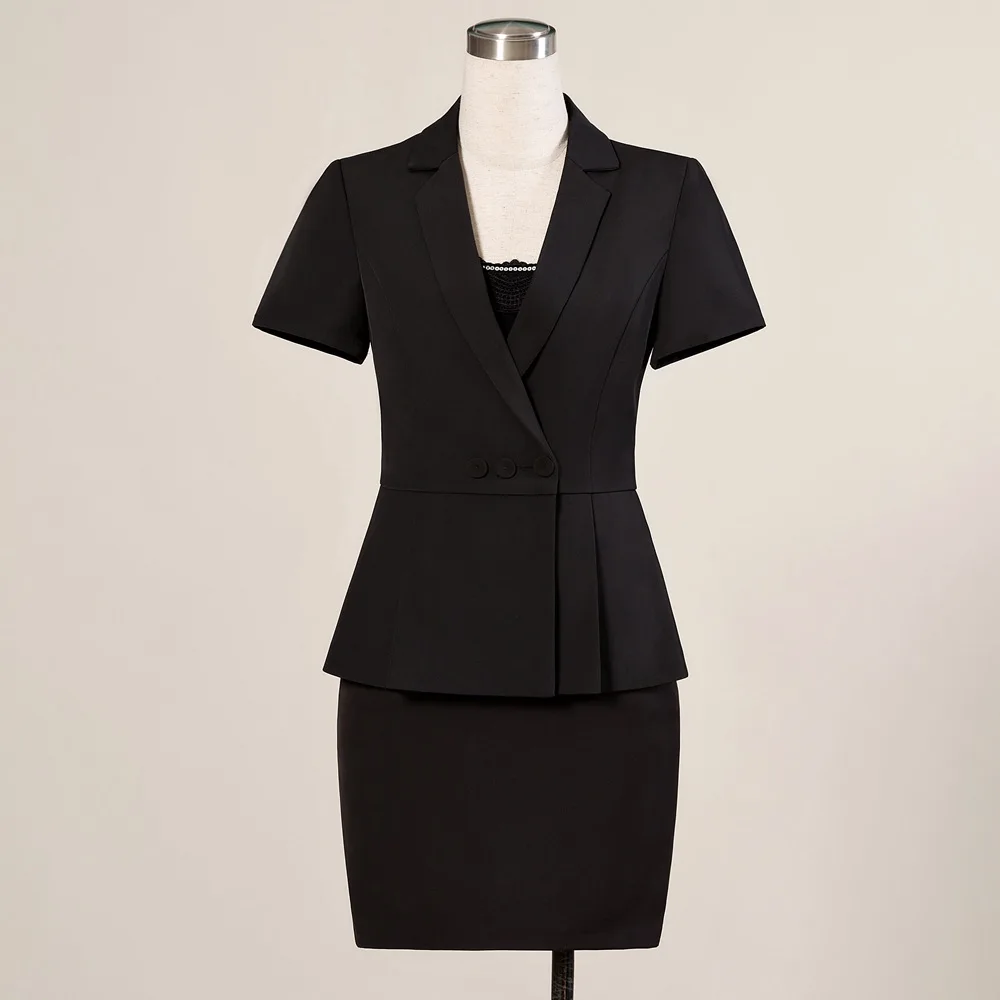 Summer Formal Skirt Suit Women Short Sleeve Ruffle Waist Blazer and Skirt 2 Pieces Set Office Clothes Work Suits 886833-