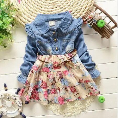

Kids Girl Long Sleeve Jeans Flower Dresses Demin Summer Tutu Dress One-piece P1
