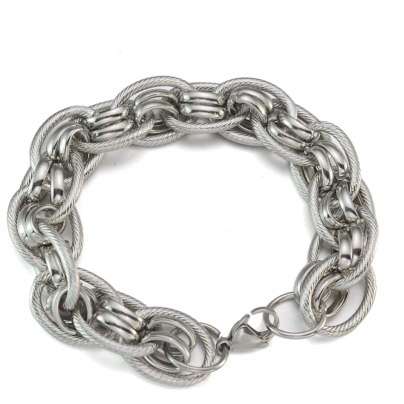 

16MM Unisex Silver Tone Stainless Steel Double Curb Rolo Chain Bracelet 21.5CM Long For Women Men