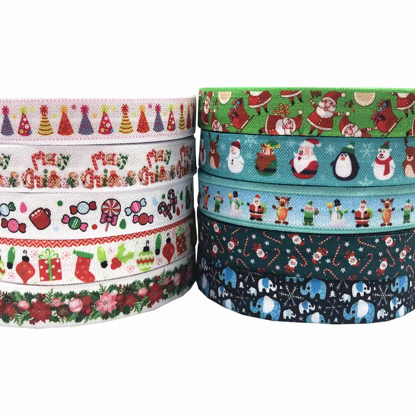 

New Arrival 5/8" Christmas Tree Snowflake Print Fold Over Elastic FOE Christmas Elastic Ribbon for Women Headwear 10Yards/lot