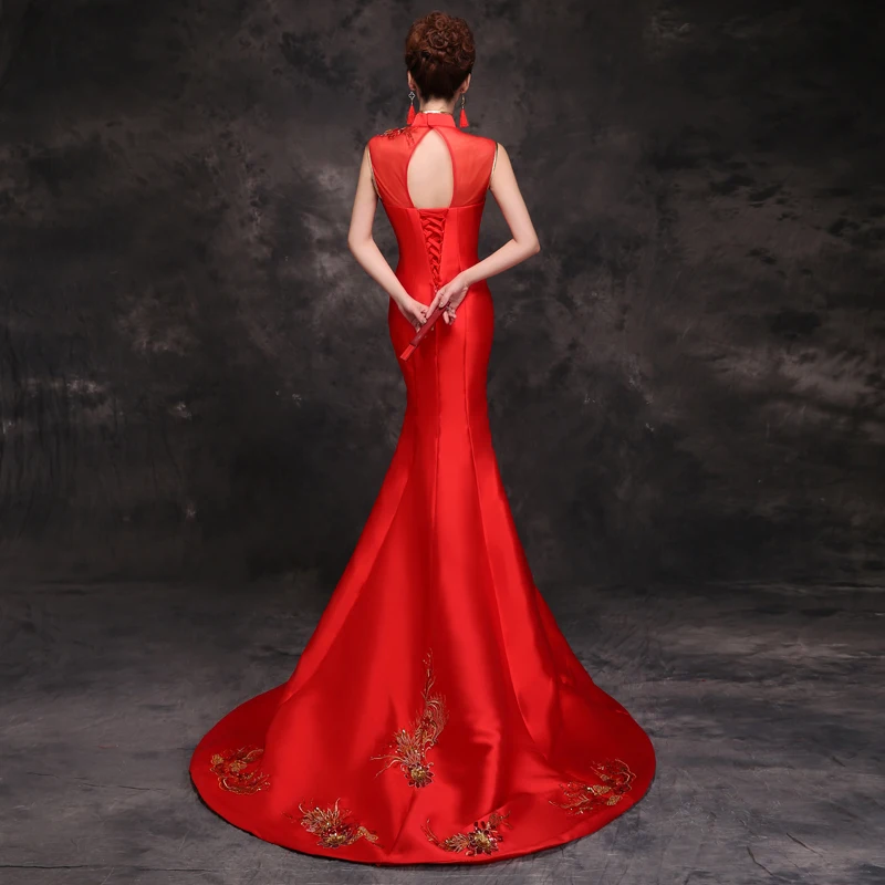 Традиционное китайское платье Чонсам для невесты, Qipao, с вышивкой, красное, Русалка, свадебные платья, стиль Chinois Femme, восточные платья