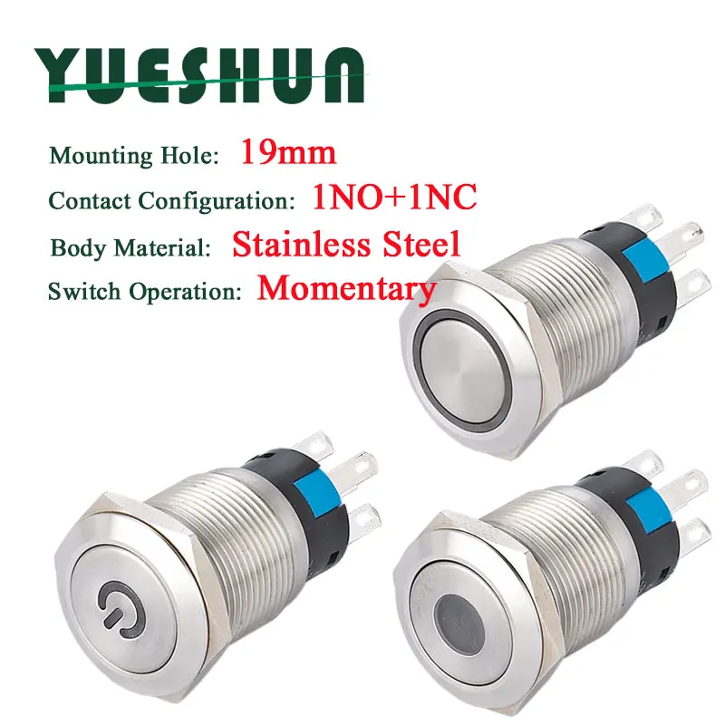 

19mm Light Switches 3A/250VAC Electrical Equipment LED Momentary Stainless Steel Push Button Switch