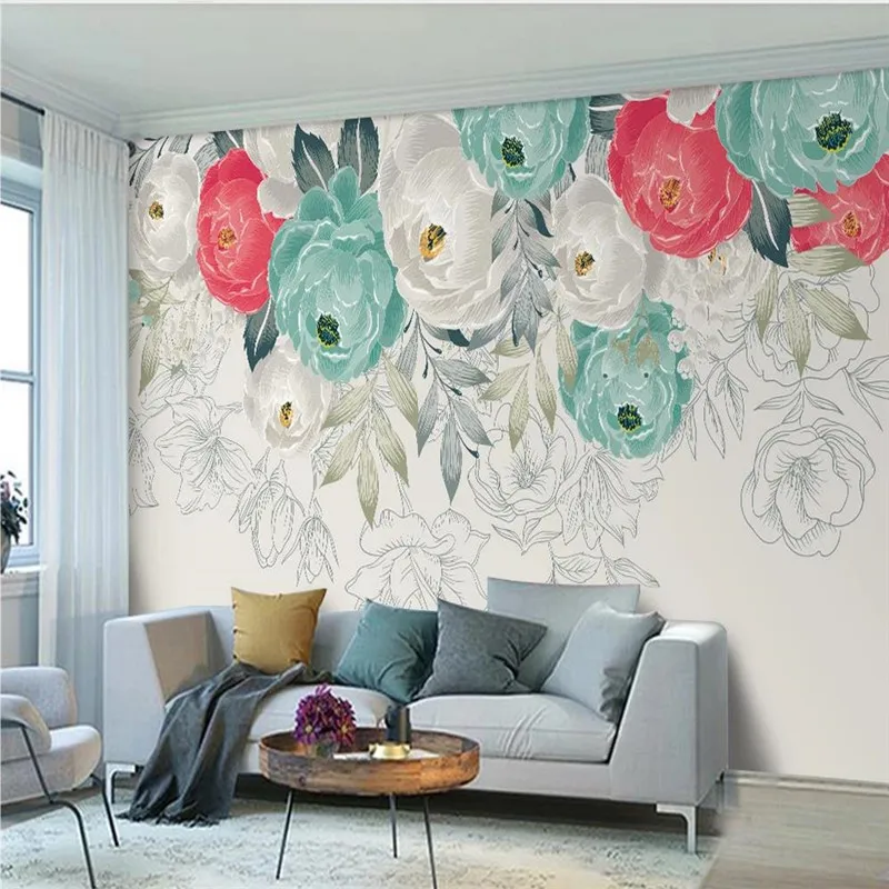 Custom wallpaper murals rural style hand-painted peony simple TV background high-grade silk material Custom wallpaper murals rural style hand-painted peony simple TV background high-grade silk material