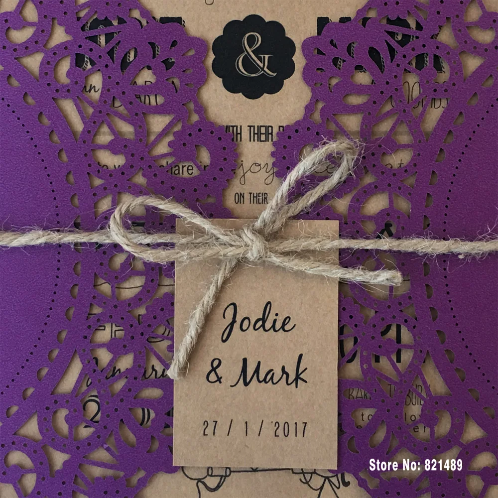  Purple Wedding Invitation Rustic Wedding Invitation Cards Laser Cut Invitation With Twine - 32672507141