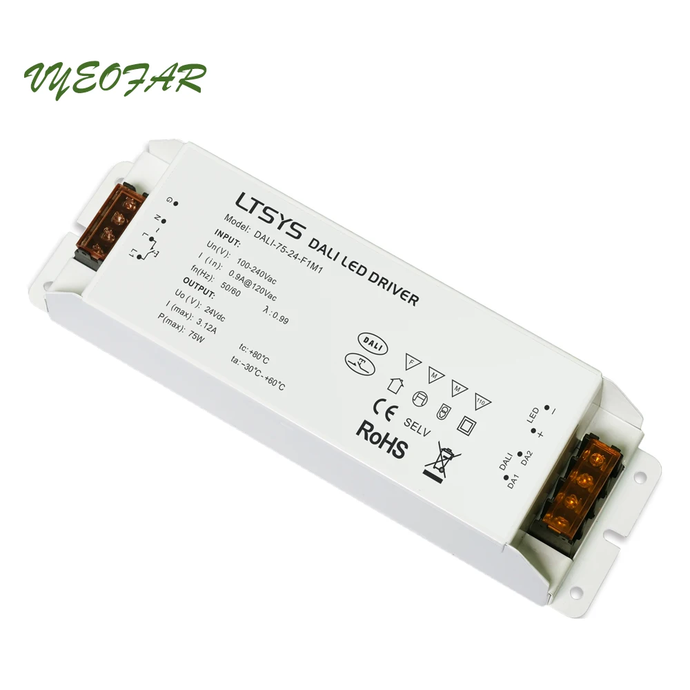 

LTECH DALI-75-24-F1M1 DALI Led Dimming Driver,AC100-240V input;DC 24V 3.12A 75W output;DALI/Push button Dimmer