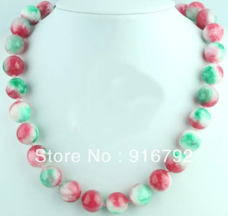 

free shipping >>>>>WONDERFUL HUGE 14MM PINK&GREEN &WHITE JADE BEADED NECKLACE