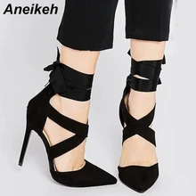 Aneikeh/летние пикантные женские туфли-лодочки из искусственной замши с острым носком на тонком ремешке на щиколотке черная обувь на высоком каблуке Размеры 35-40