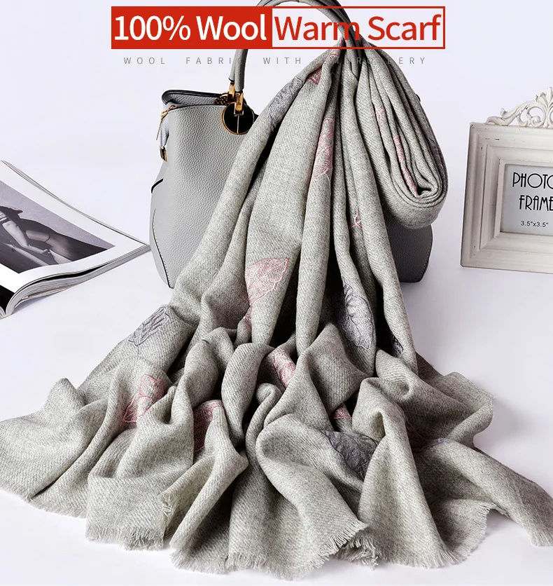 Женский шарф из 100% шерсти, шали для осени и зимы, роскошные обертывания, теплые шерстяные шарфы для дам, тонкий шарф с вышивкой шейный платок