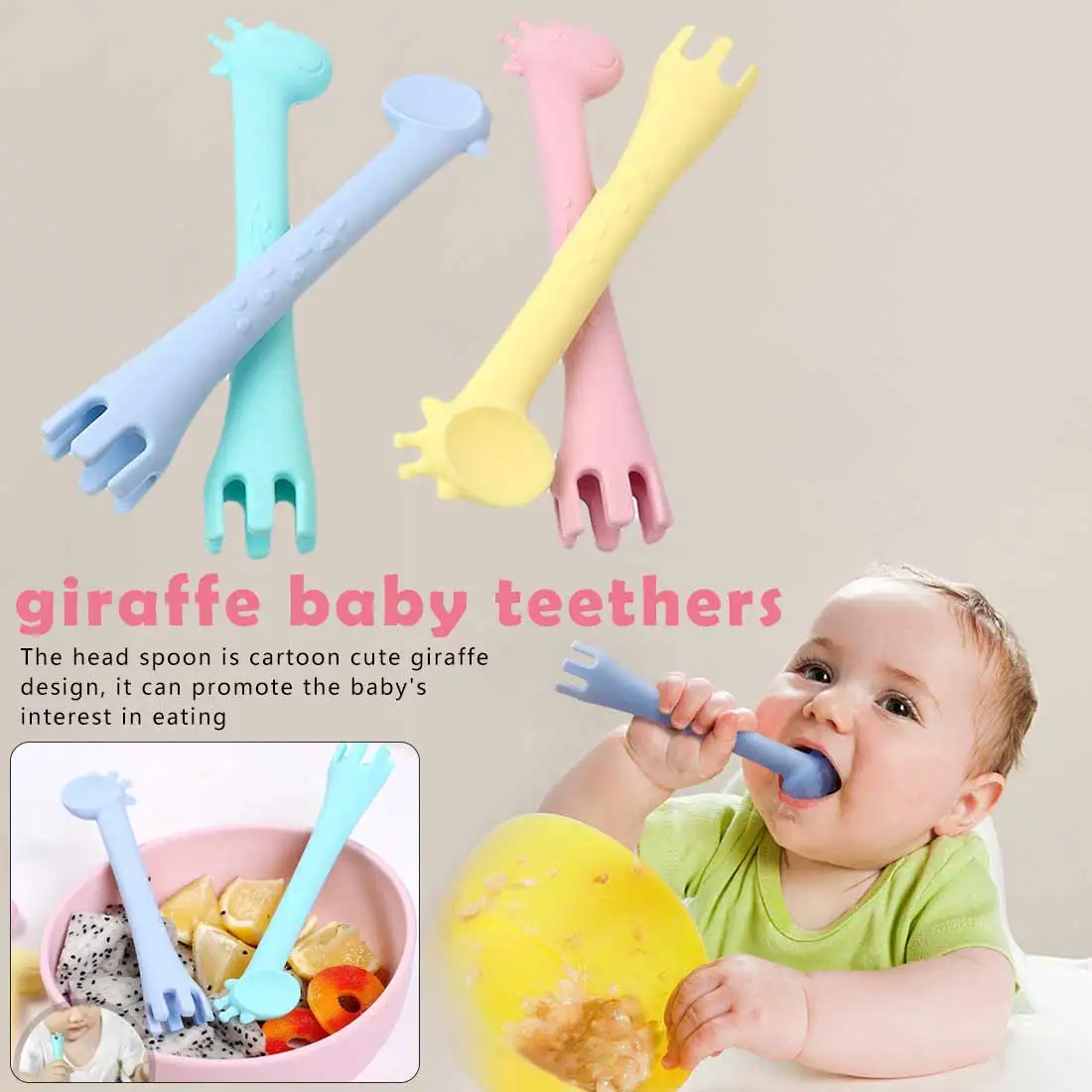 

Cute Baby Giraffe Training Spoon Fork Teether Pure Color BPA Free Safety and Environmental Silicone Baby Feeding Tableware