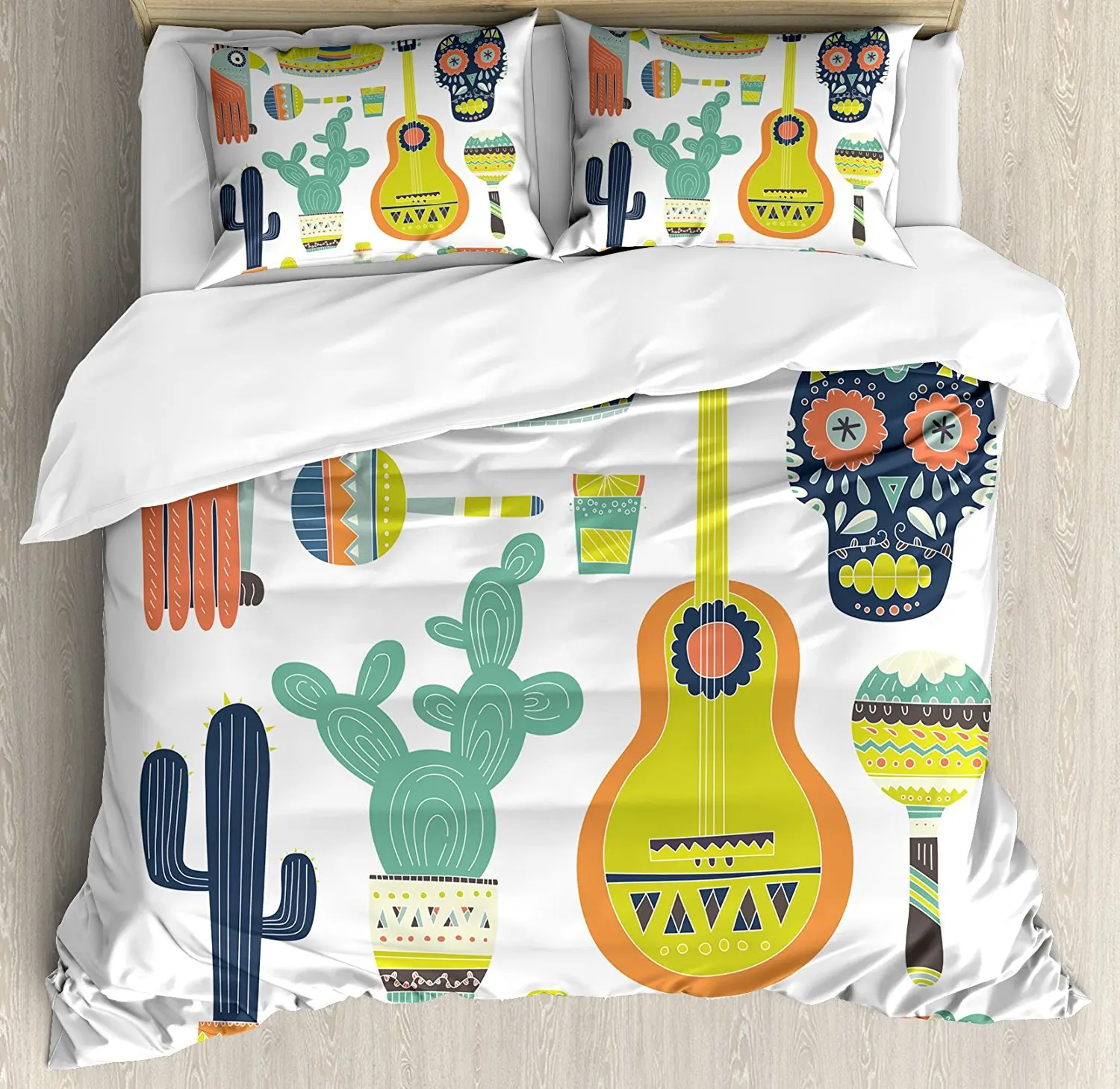 Fiesta Duvet Cover Set Symbols From Mexico Guitar Face Aztec Mask