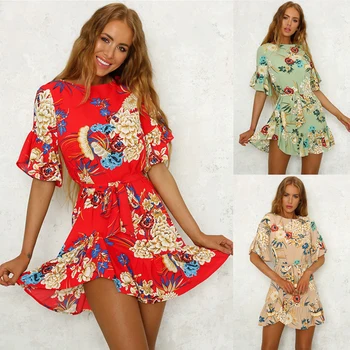 

Women Fashion Sweet Summer Dress 4 Style Floral Print Ruffles Flare Sleeve O-Neck Sashes High Waist A-Line Mini Dress
