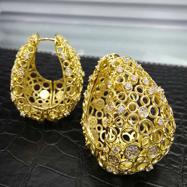 GODKI Luxury Hollow Fat/Wide Chic Hoop Earrings For Women Earrings Jewelry Charms Elegant Full Mirco Cubic Zircon Dubai Wedding - Окраска металла: Gold