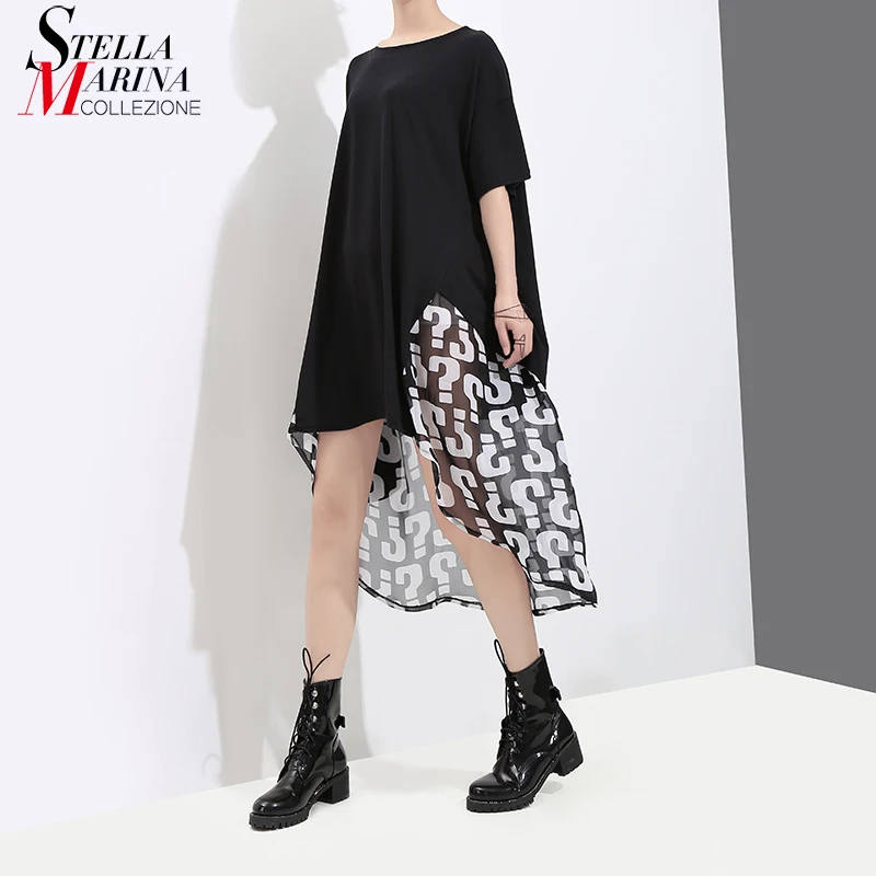 New 2018 Korean Style Women Summer Black White Asymmetrical Dress Short Sleeve Girls Casual 