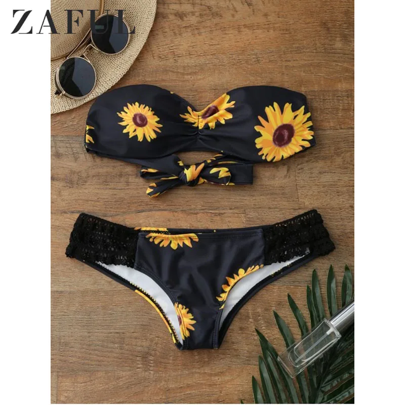  ZAFUL Sunflower Print Push Up Bandeau Bikini Bathing Suit Separate Female Swimsuit Wholesale 2019 B