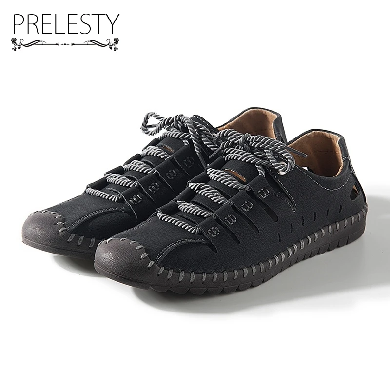 

Prelesty Mens Summer Hollow Out Casual Shoes Microfiber Upper Fashion Retro Flats Handmade Sewing Treat Waterproof Dropshipping