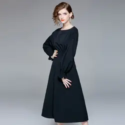 Однотонное длинное платье с эластичной резинкой на талии и рукавами-фонариками, новинка 2018 года, женское осеннее платье с круглым вырезом