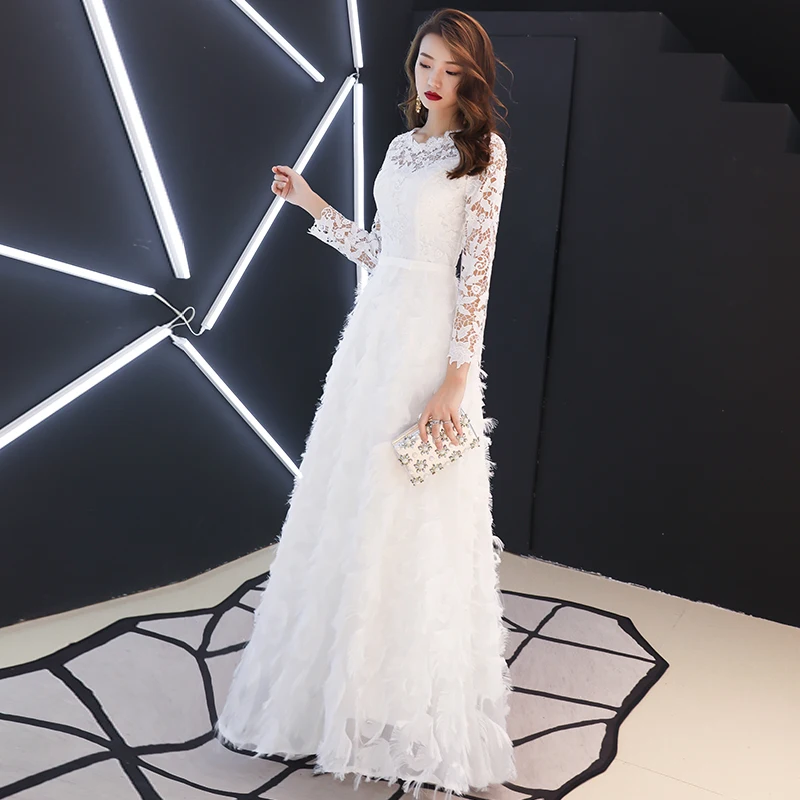 White Feather Evening Dresses Long 2019 O-neck A-line Floor-Length Lace Long Sleeve Evening Dresses Flow Women