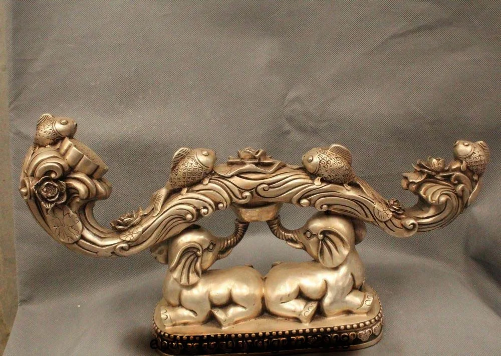 

18" Chinese Fengshui Silver Wealth Fu Fish Elephant Auspicious Ru Yi Statue