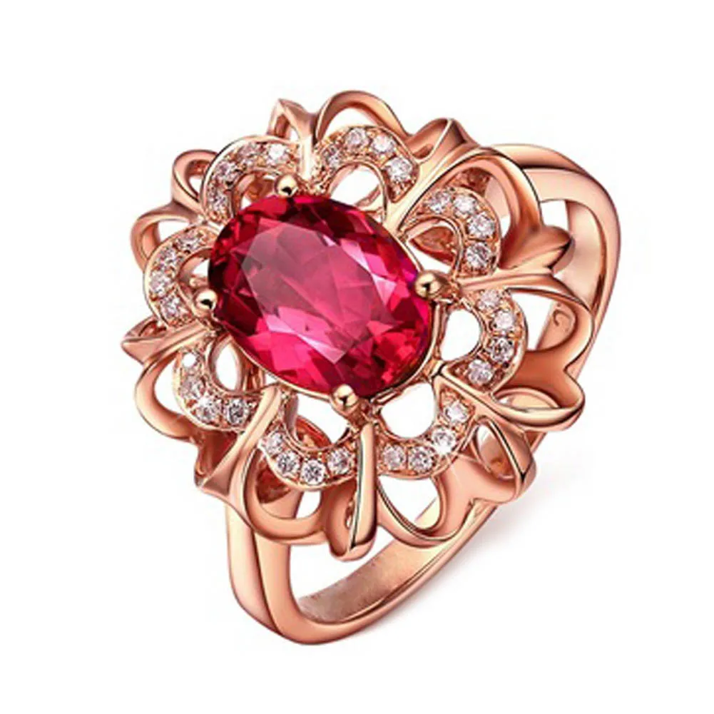 2017 gold color Fashion Ring Jewelry Red CZ rhinestones Stone Flower