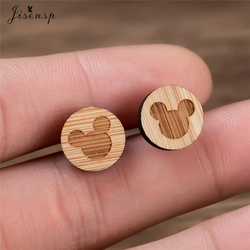 

Jisensp Cute Mickey and Minnie Wooden Earrings Female Jewelry Animal Mouse Stud Earrings for Women Accessories aretes de mujer