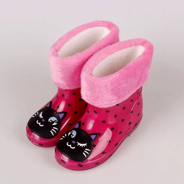 Ботинки для мальчиков и девочек; детские резиновые сапоги; бархатные сапоги для малышей; теплая водонепроницаемая обувь с бантом; модные Нескользящие сапоги - Цвет: rose cotton