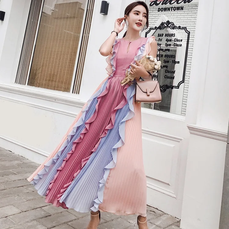 

2018 New Summer Runway Designer Pleated Long Dress Women's Sleeveless Luxury Rainbow Color Patchwork Ruffles Chiffon Maxi Dress