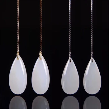 

New S925 Certificate Sterling Silver Natural Chinese Hetian White Jade Drop Earrings