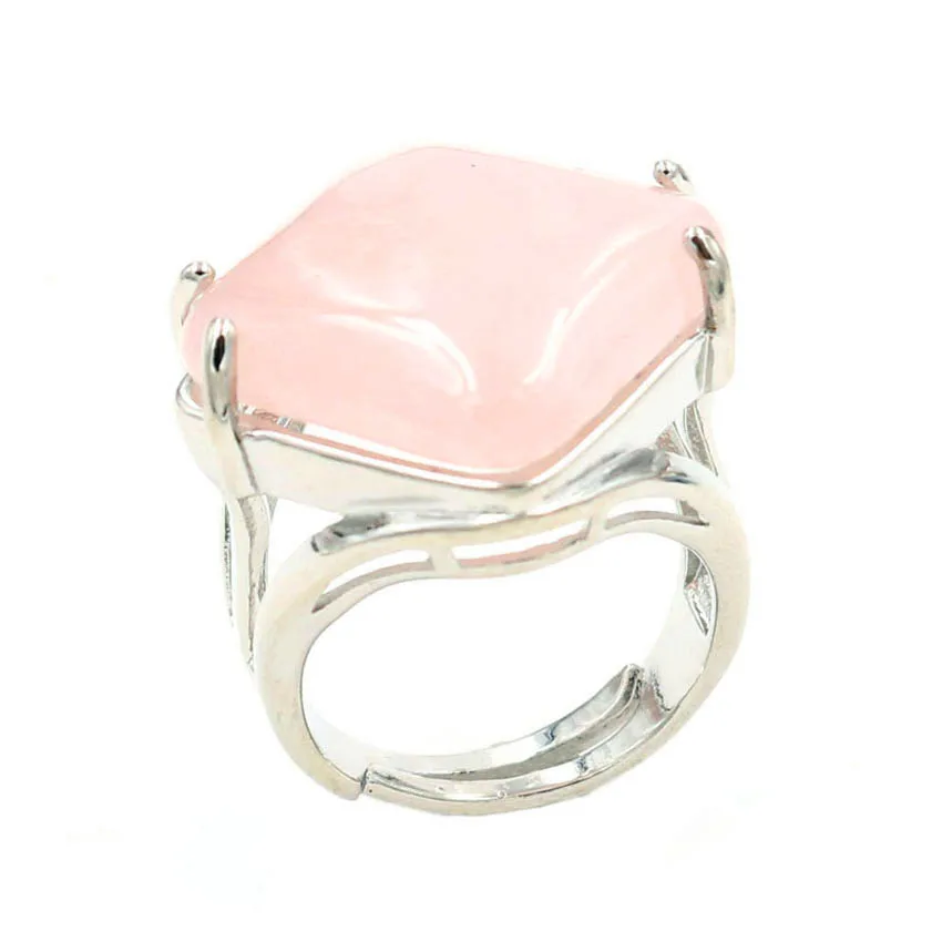 

FYJS Unique Anniversary Female Gift Silver Plated Rhombus Shape Resizable Natural Rose Pink Quartz Ring