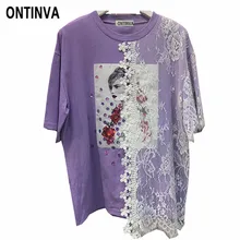 Милые футболки в стиле Лолиты для девочек; корейский стиль; модная кружевная Лоскутная футболка с коротким рукавом; Kawaii; принт; черные женские летние топы