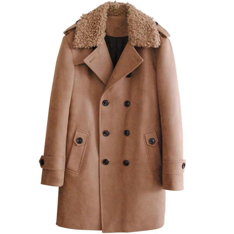 Suede Leather Trench Coat Men Windbreaker Warm Winter Cloak Mens Long Coat Plus Size 5xl 6xl Male Overcoat Korean Style Clothing - Цвет: Camel