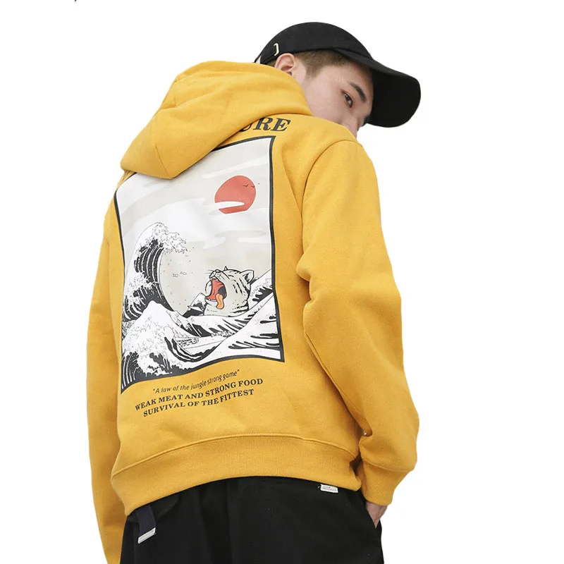

Autumn New Japan Style Hip hop Graffiti Hoodies Sweat Men Japanese Embroidery Cat Funny Wave Printed Fleece pullover Sweatshirts