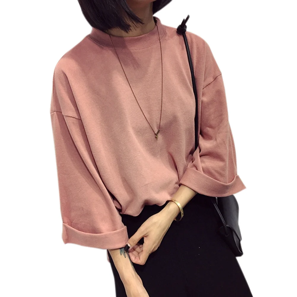 Женская футболка с рукавом 3/4, Свободные корейские женские повседневные футболки с круглым вырезом, осенние базовые Топы XRQ88 - Цвет: Розовый