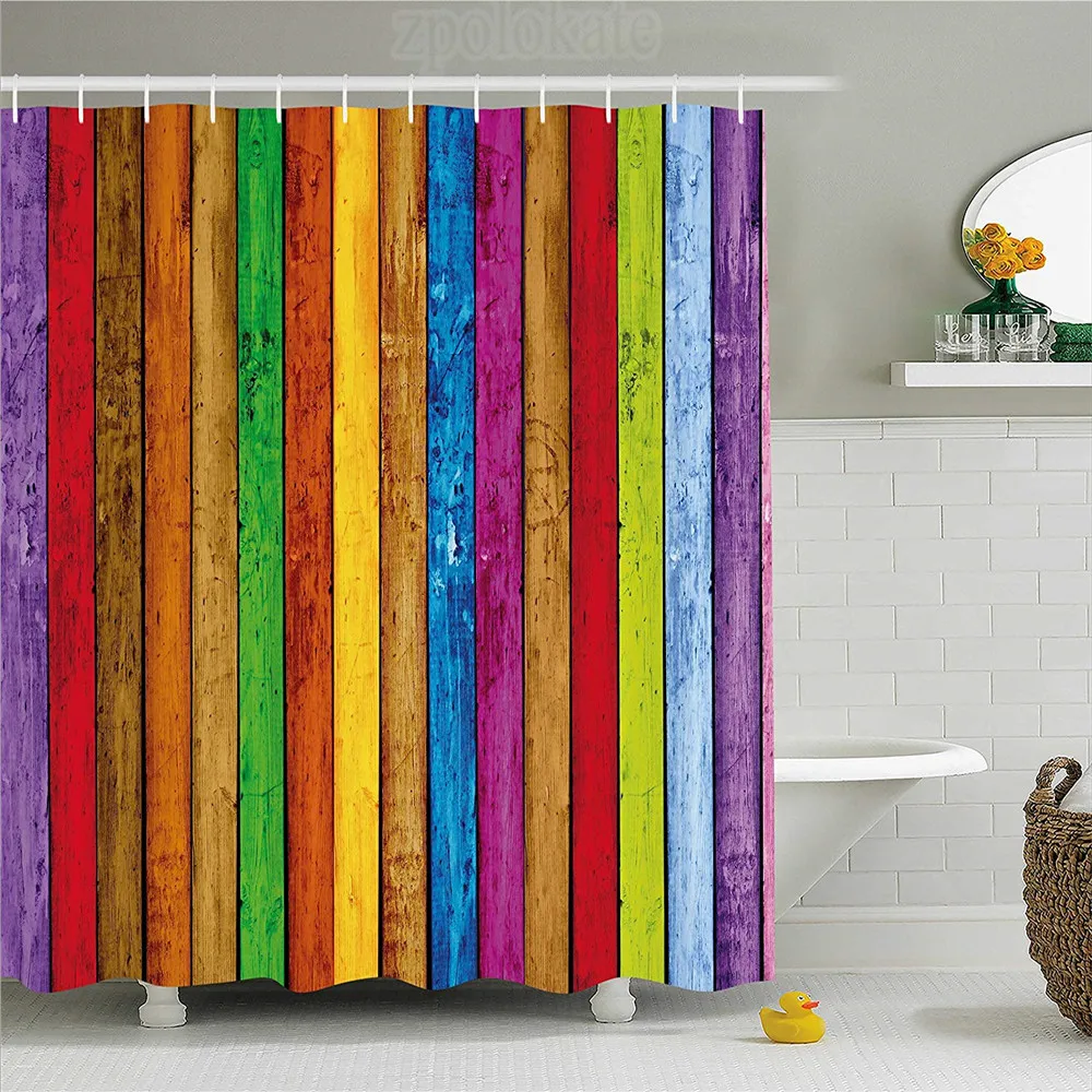 Abstract Shower Curtain Vibrant Painted Wood Vertical Planks as