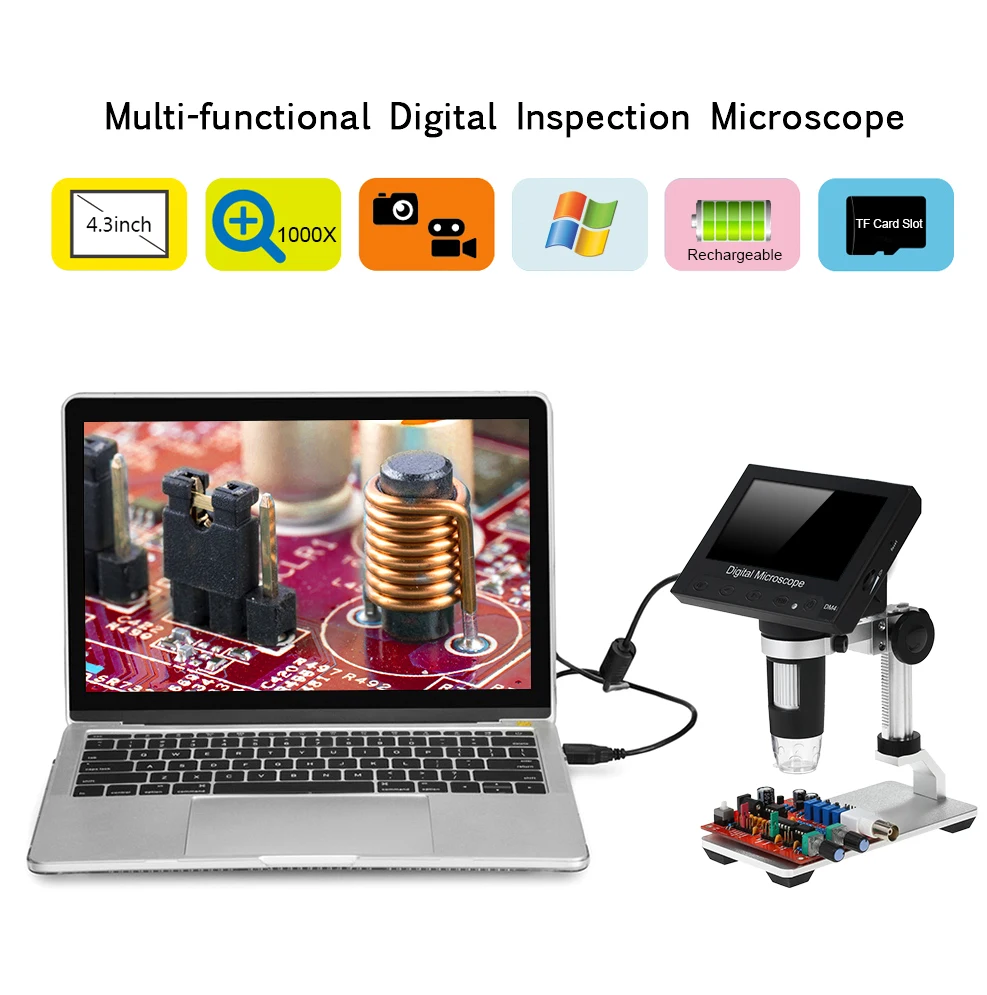 Перезаряжаемый USB микроскоп 4.3in ЖК-дисплей светодиодный Лупа 1000X1080 P цифровой микроскоп для электроники ювелирных инспекций