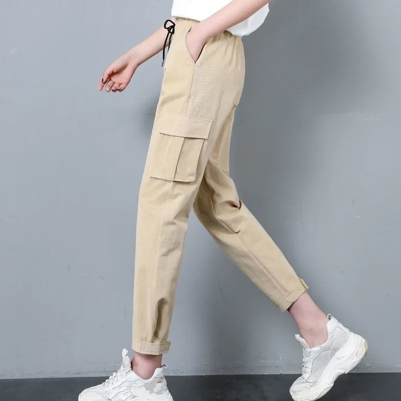 

2019 Spring Summer Women Cargo Pants Casual Elastic Wasit Trousers Streetwear Solid Color Loose Ankle-Length Pants