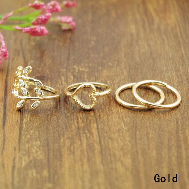 

4PCS/Set Women Cute Urban Crystal Plain Above Knuckle Ring Band Midi Ring Leaf Heart Knuckle Rings